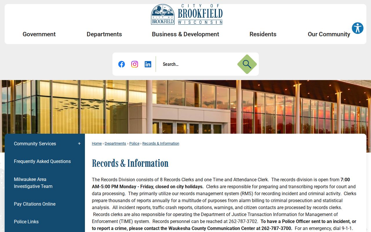 Brookfield Police Department record request information for arrest records