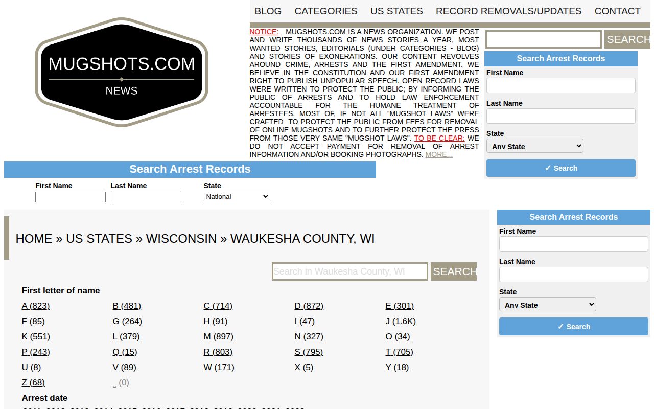 Mugshots.com Waukesha County historical browsing interface
