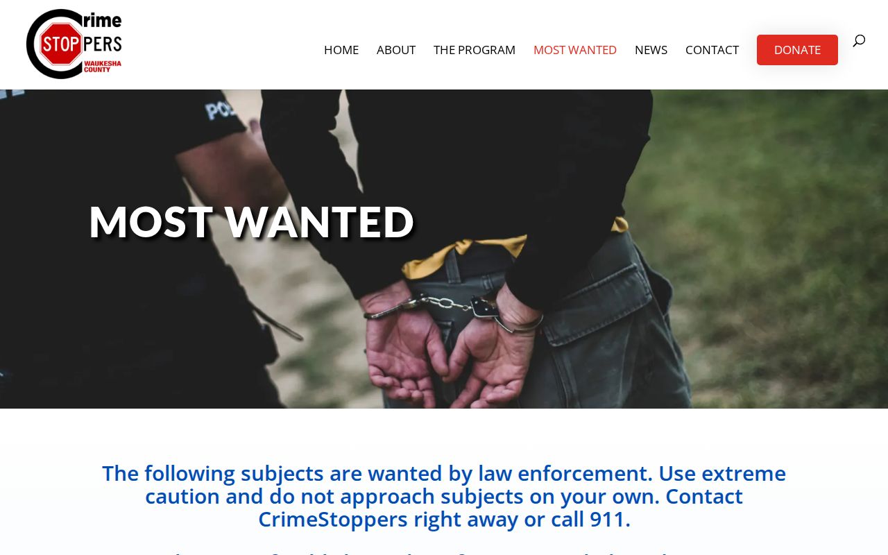 Waukesha County most wanted record interface from Crime Stoppers